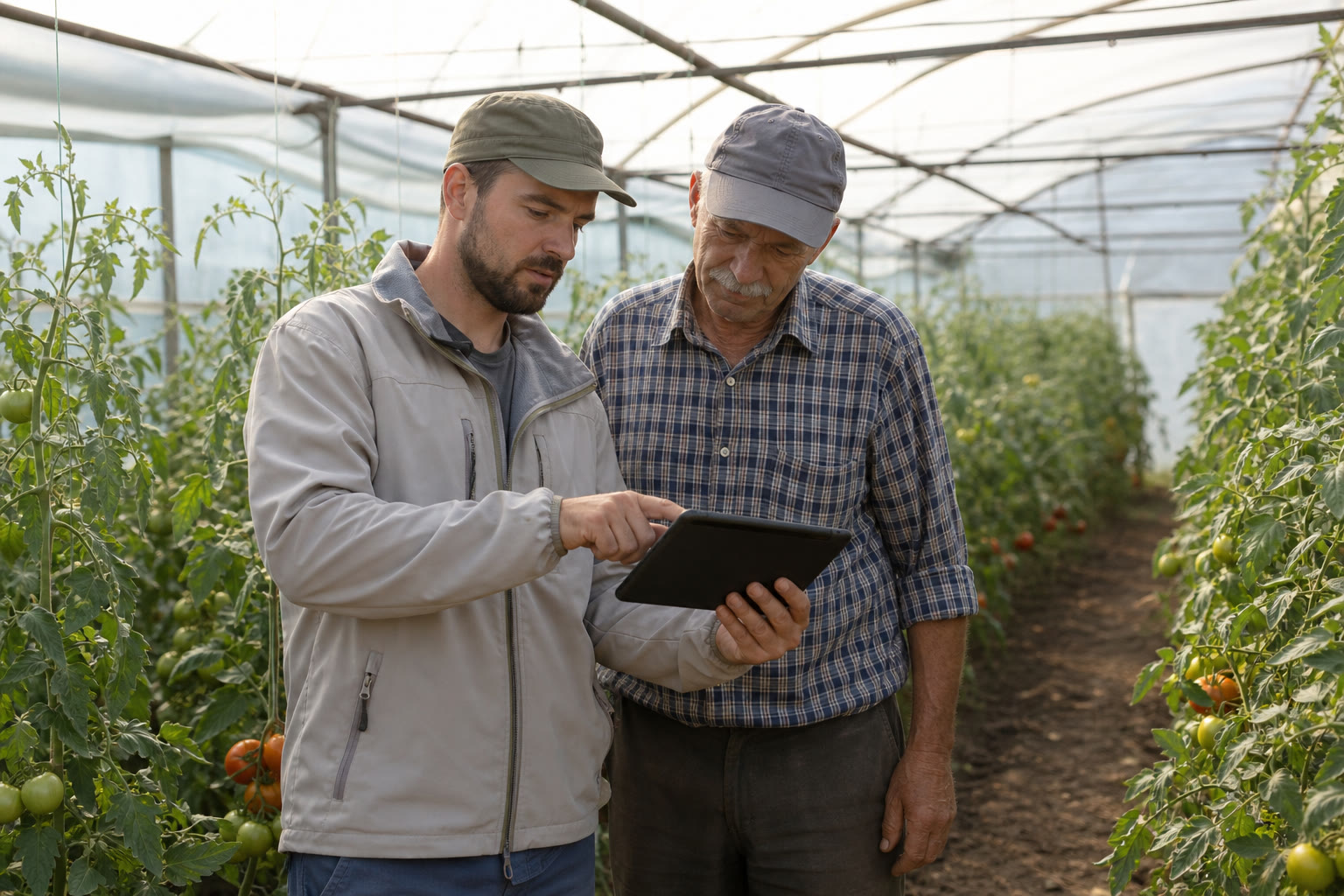 Agronom Enten și fermier verifică împreună date pe o tabletă, într-un solar de roșii