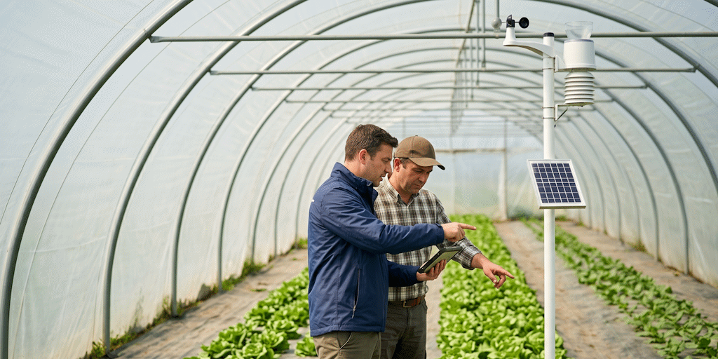 Tehnician Enten și agronom verificând o stație de senzori într-un solar