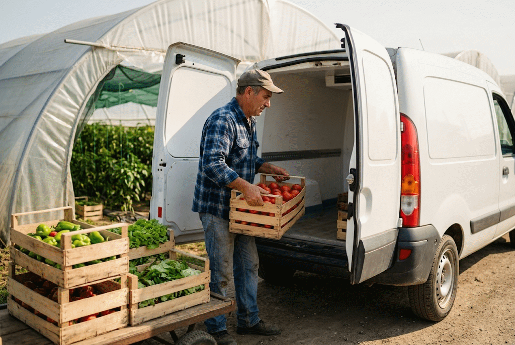 Fermier român încarcă o ladă de roșii într-o dubă de livrare la marginea unui solar